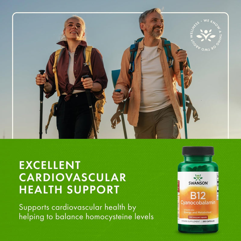 Swanson B12 Cyanocobalamin - Metabolism & Energy Support - Aids Nervous System & Cardiovascular Health - Supports Red Blood Cell Production* - Non-GMO & Gluten Free - 250 Capsules 250 Count (Pack of 2)