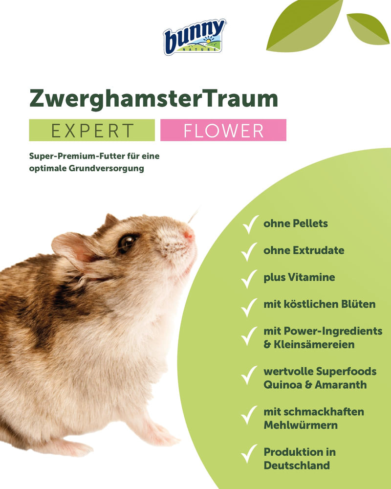 bunnyNature Dwarf Hamster Dream Expert Flower - complete food for dwarf hamsters - food mix with vitamins, flowers, superfood & mealworms - 500g - BeesActive Australia