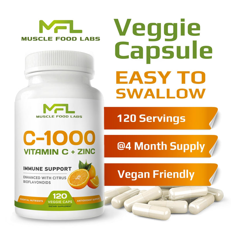 | Vitamin C + ZINC | C - 1000 | VIT C 1000mg | Zinc 25mg | Citrus Bioflavonoids 25mg | Non-GMO & Gluten Free | 120 Capsules