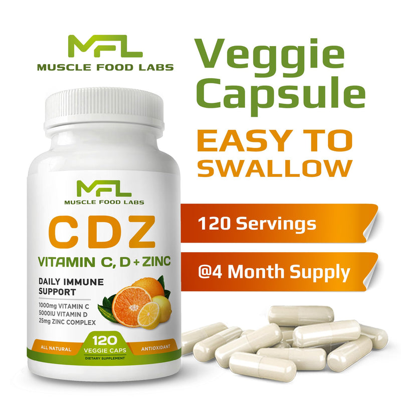 CDZ - Immune Support Complex | Vitamin C 1000mg, D3 125mcg, Zinc 25mg | High-Absorption Veggie Capsules | Non-GMO, Gluten-Free | 4-Month Supply (120 Capsules)