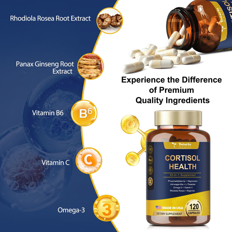 Totaria Cortisol Supplement for Women 120 Vegan Capsules Hormone Balance | with Ashwagandha,Magnesium,Rhodiola Rosea,L Theanine Mood, Focus, Sleep Support (Pack of 1) 120 Count (Pack of 1)
