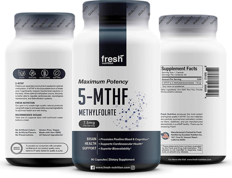 Fresh Nutrition L Methylfolate 7.5mg – DNA Verified for Maximum Potency – Superior Bioavailability – 5-MTHF Methyl Folate - 90 Capsules 7.5mg 90 Capsules