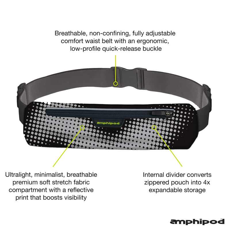 Amphipod Reflective MicroStretch Luxe Belt, Expandable, Secure & Reflective Storage Solution for Road Running, Jogging & Training - Black Reflecto-Dot - XL