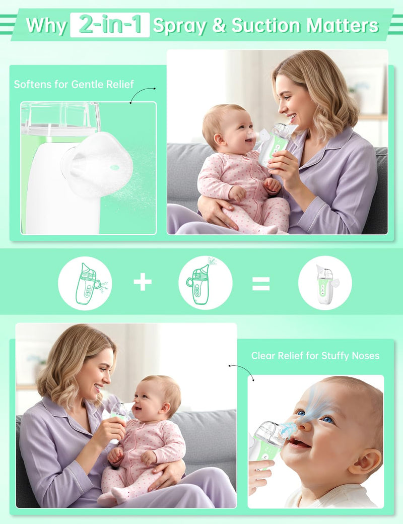 Nasal Aspirator for Baby,2-in-1 Smart Electric Nose Sucker, 2026 Upgraded with AI Anti-Backflow Protection,70Kpa Hospital-Grade Suction,15ml Large Capacity,5 Levels,Ultra-Quiet with Music-Green Green - BeesActive Australia