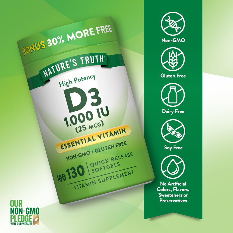 Nature's Truth Vitamin D3 1000 IU Softgels | High Potency Formula | 25 mcg | Non-GMO & Gluten Free Supplement 130 Count (Pack of 1)