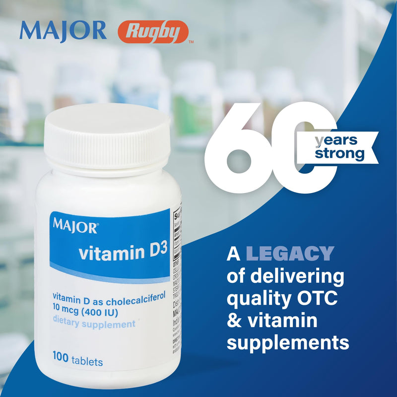 MAJOR Vitamin D3 10mcg (400 IU) - Contains 25mg of Calcium - Dietary Supplement - 100 Tablets (1 Pack) 1 Count (Pack of 1)