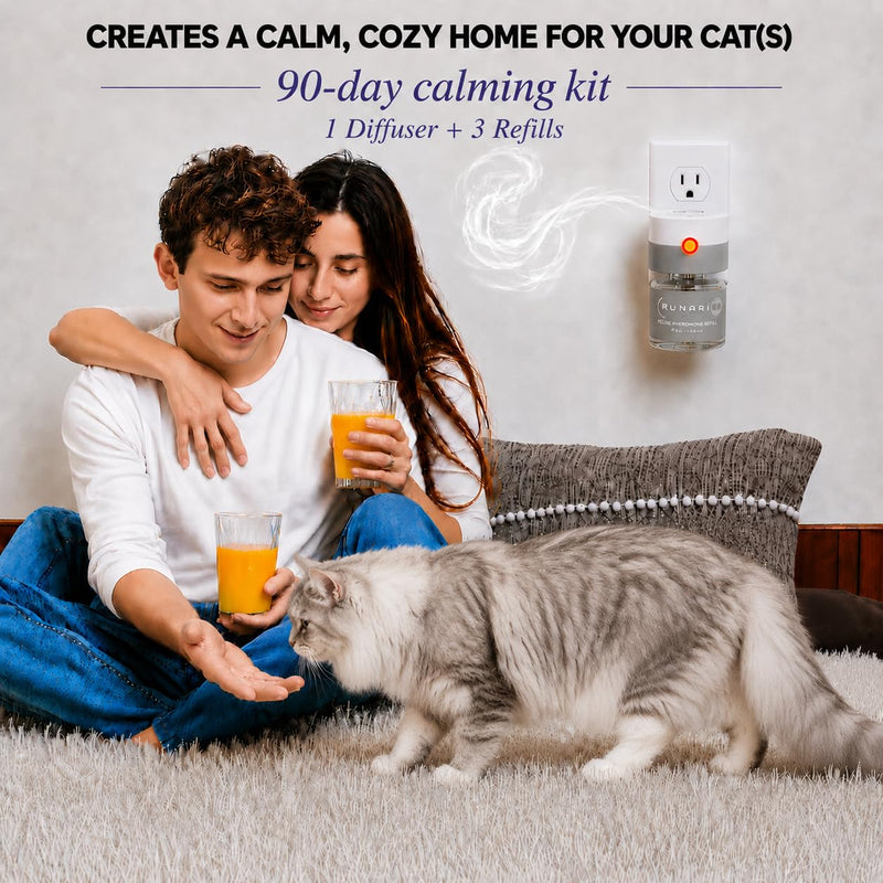 Feline Pheromone Calming Diffuser | Plug-in for Cat Stress, Anxiety, Fighting, Scratching, Over-Grooming, Meowing | Ideal for Multi-Cat Homes | 1 Diffuser + 3 Refills