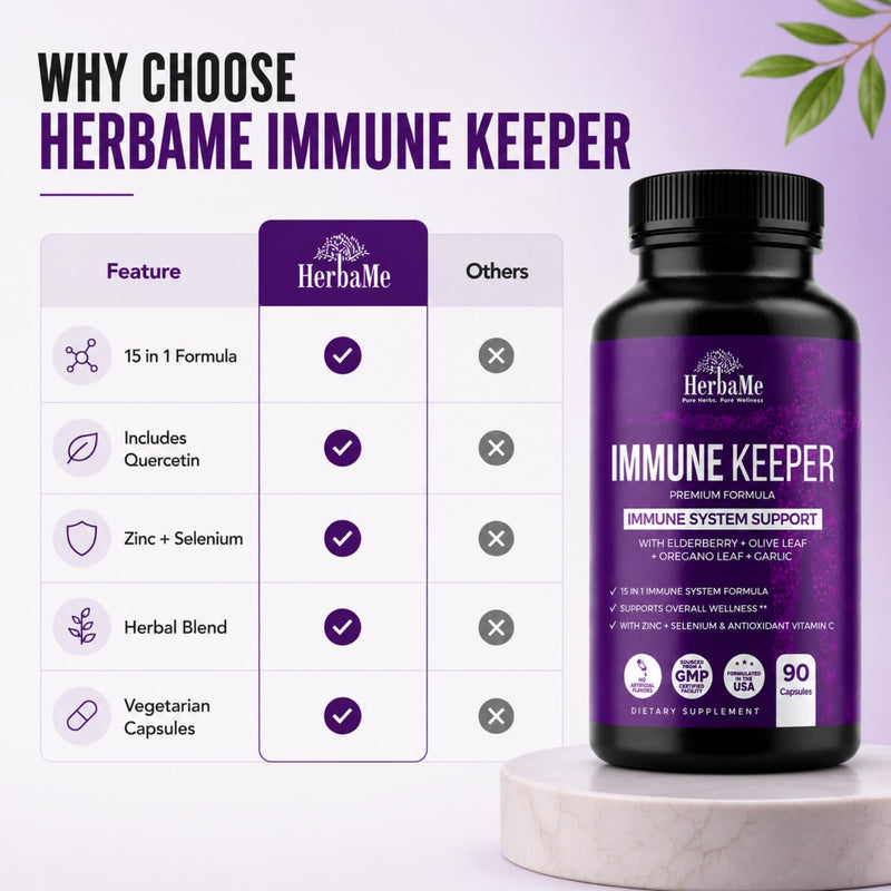 HerbaMe Immune Support Supplement with Elderberry, Quercetin & Zinc | 15-in-1 Formula with Vitamin C, Selenium, Olive Leaf, Garlic for Daily Health, Wellness & Antioxidant Support, 90 Capsules