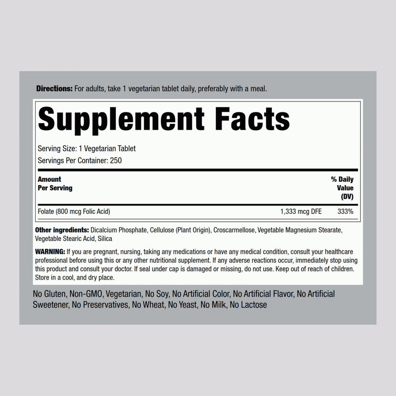 Piping Rock Folic Acid 800 mcg | 250 Tablets | Supplement for Women and Men | Maximum Strength Folate | Vegetarian, Non-GMO, Gluten Free
