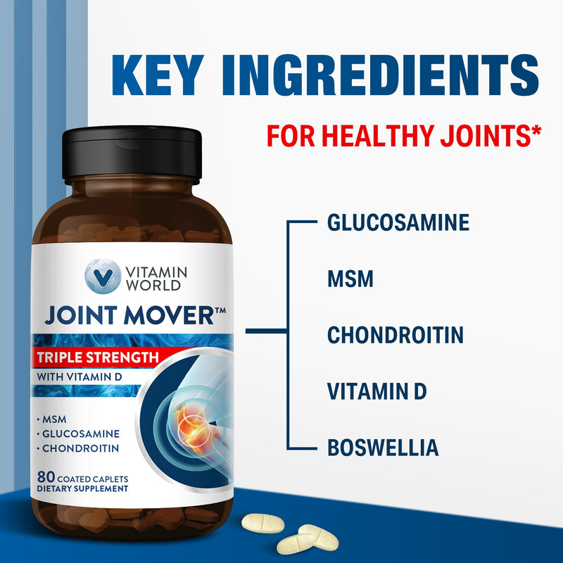 Vitamin World Glucosamine Chondroitin with MSM with Vitamin D, 80 Caplets | Triple Strength Joint Mover for Healthy Joints, Promotes Comfort and Flexibility, Coated, Gluten Free