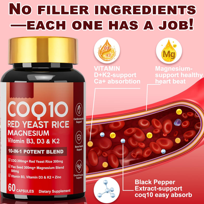 10 in 1 CoQ10 Supplement with Magnesium, Red Yeast Rice for Women & Men | Coenzyme Q10 Complex as Ubiquinone with Vitamin D3, K2, B3, Zinc, Antioxidant Support Heart Energy & Brain Health 60 softgels 60 Count (Pack of 1)