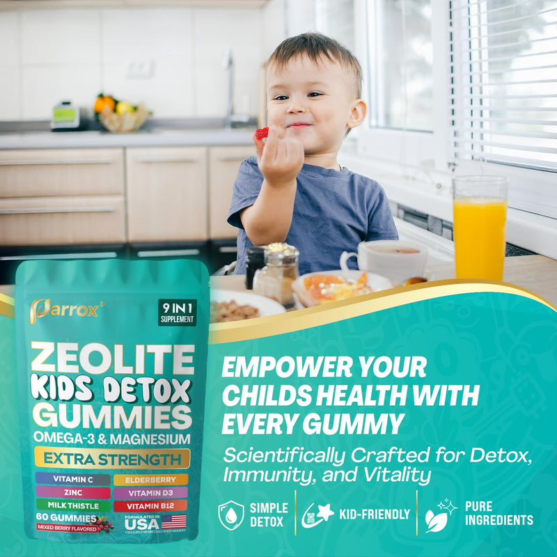 Zeolite Kids Detox Gummies, 9-in-1 Sugar-Free, Berry, 60 Gummies | Mixed Berry with Zeolite, Omega-3, Magnesium, Elderberry, Vitamin C, Milk Thistle, Vitamin D3, Zinc, B12 60 Count (Pack of 1)