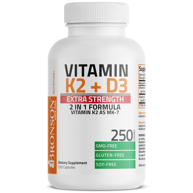 Bronson Vitamin K2 D3 (MK7) Extra Strength D3 & K2 Complex, 250 Capsules | Bone, Immune & Heart Health Support, Gluten Free, Soy Free, Non-GMO, Vitamin D3 10,000IU (250 mcg) & 120 mcg K2 MK-7 250 Count (Pack of 1)