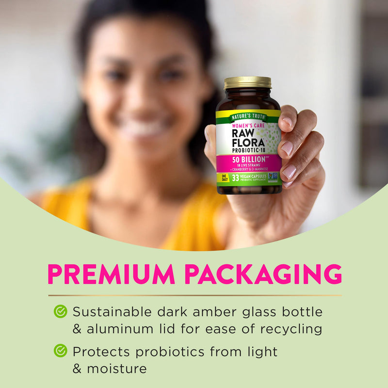 Raw Flora Probiotics for Women | 50 Billion CFU | 33 Capsules | with Cranberry and D-Mannose | Vegan, Non-GMO & Gluten Free Supplement