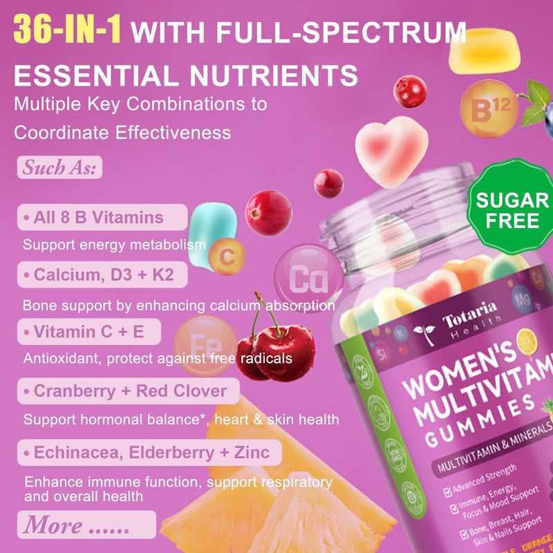 Totaria Sugar Free Womens Multivitamin Gummies with Iron, Women's Multivitamin w/Vitamins C, D3 K2, B12, B6, Filled Gummies for Daily Nutritional Support| Immune Support| Skin Health, Mixed Flavors 60 Count (Pack of 1)