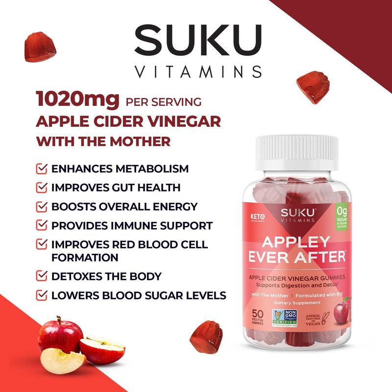 SUKU Appley Ever After Gummies – Apple Cider Vinegar with Methylated B12 & Folate – Sugar-Free, Gluten-Free, Vegan Detox & Energy Support – Amazing Apple Flavor – 50 Count