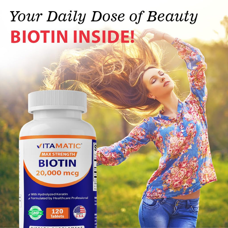 Vitamatic Biotin 20,000 mcg Tablets with Keratin, 120 Count - 3 Pack | Supports Healthy Hair, Nails and Skins*, Non-GMO, Gluten Free, Made in USA 360 Count (Pack of 1)