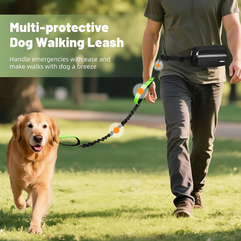 VavoPaw Hands Free Dog Leash with Pouch, Waist Leash for Dog Walking, Jogging, Hiking, Retractable Leashes with Dual Padded Handles, Adjustable Reflective Belt for Small Medium Large Dogs, Black Green 1 Leash