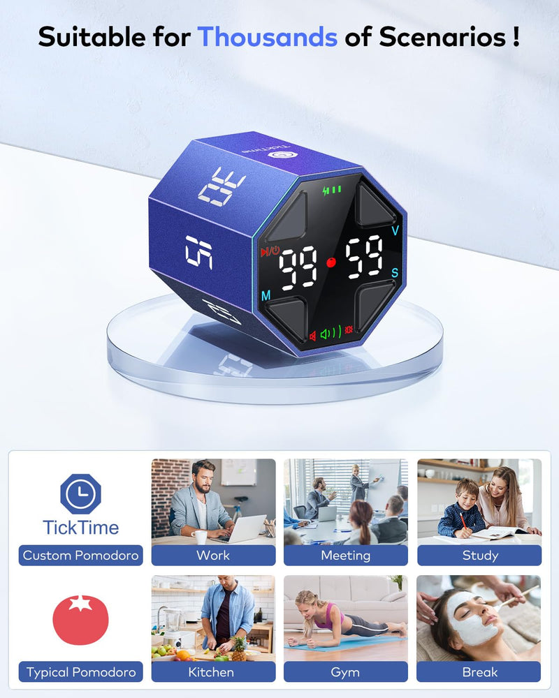 Ticktime Pomodoro Timer Cube, Custom Pomodoro, Pause & Resume, Silent, Vibrate & Adjustable Sound Alert, for ADHD, Task, Work, Study, 3/5/10/15/30/45/60min & Custom Countdown, Blue