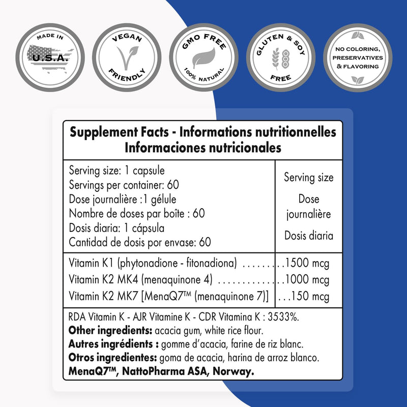 Supersmart - Complete K - with K1, K2 (MK4 + MK7) - Full Spectrum Vitamin K Supplement | Non-GMO & Gluten Free - 60 Vegetarian Capsules - BeesActive Australia