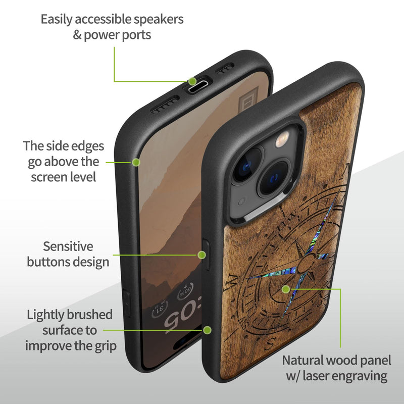 Carveit Wooden Case for iPhone 15 Magnetic Case, Compatible with MagSafe Wireless Chargers, Shockproof Cover, Handmade Shell Inlaid & Wood Artisan Engraved (Incomplete Compass) Walnut iPhone 15 (6.1 inch) Compass-Walnut