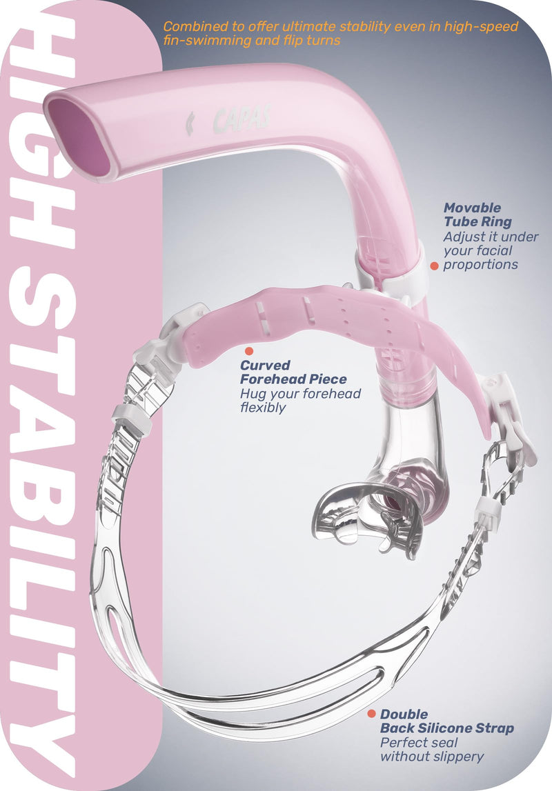 CAPAS Training Swim Snorkel for Lap Swimming, Swivel Headband Ultimate Fit Center-Mount Swimmers Snorkel with Liquid Silicone Mouthpiece Adjustable Strap, Designed for Adult Men Women Pink White - BeesActive Australia