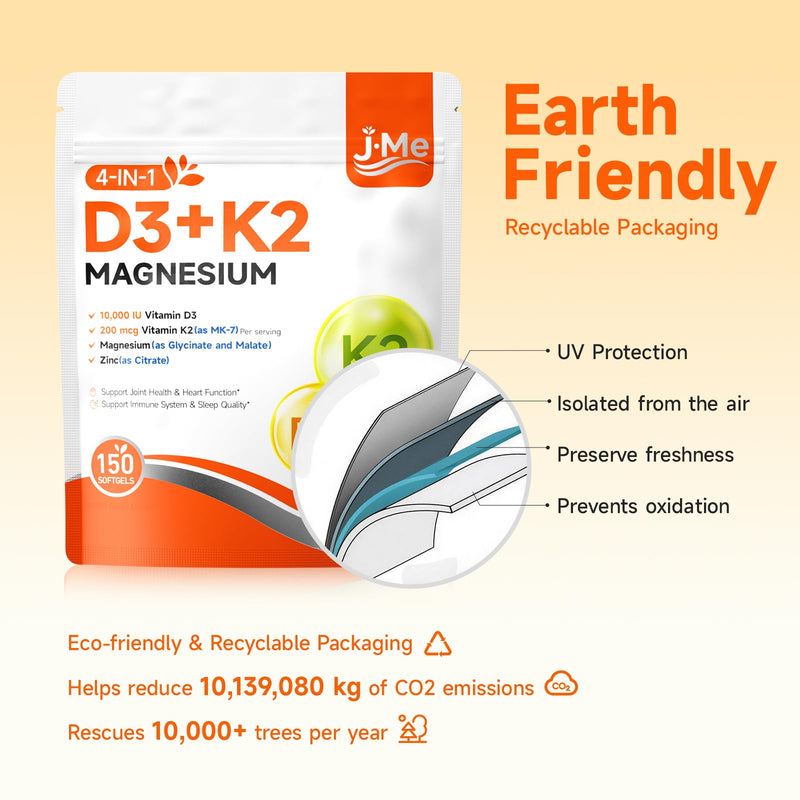 JME Core Vitamin D3 10,000 IU + K2 MK-7 200 mcg Vitamin Supplement D3K2 | with Magnesium Complex | Virgin Coconut Oil | 4-in-1 Vitamins D & K | Extra Strength, Easy to Swallow, Non-GMO, Gluten Free 150 Count (Pack of 1)
