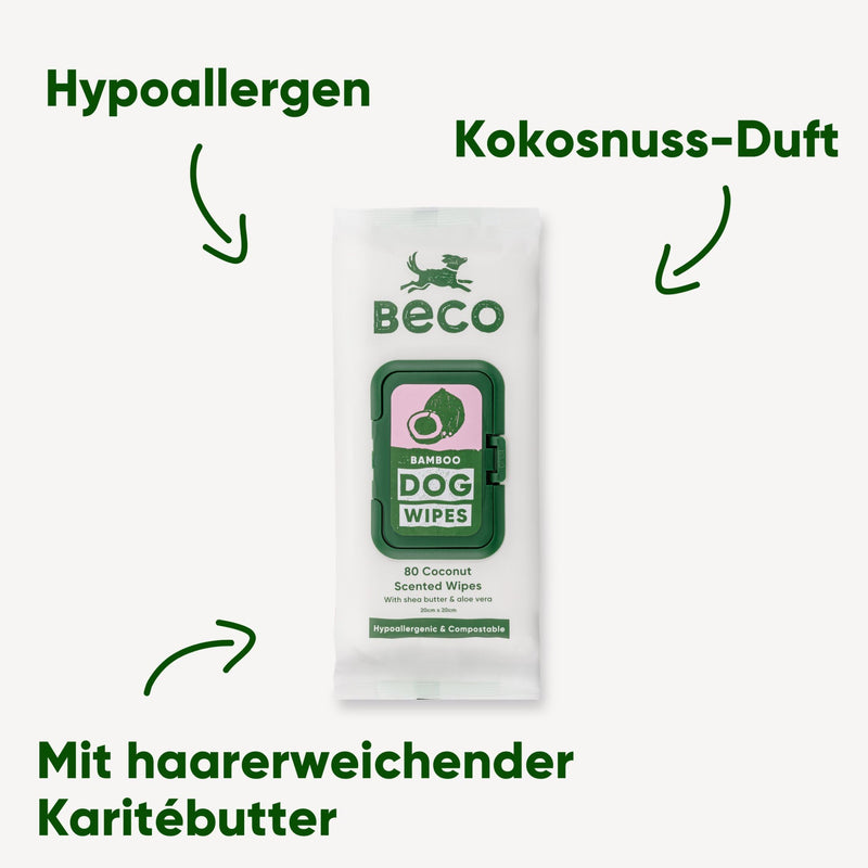Beco Bamboo Dog Wipes - Plastic-Free 80 Wipes, Coconut Scent, For Paws, Body and Bottom, Herbal Care Wipes - BeesActive Australia