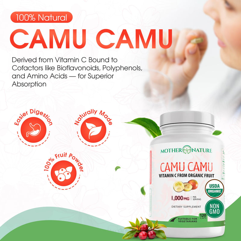 MNO Natural Vitamin C Capsules from Organic Camu Camu Fruit | Whole Food Vitamin C, 120 Vegan Capsules, Non-GMO, Immune Support, No Synthetic Ascorbic Acid Capsule