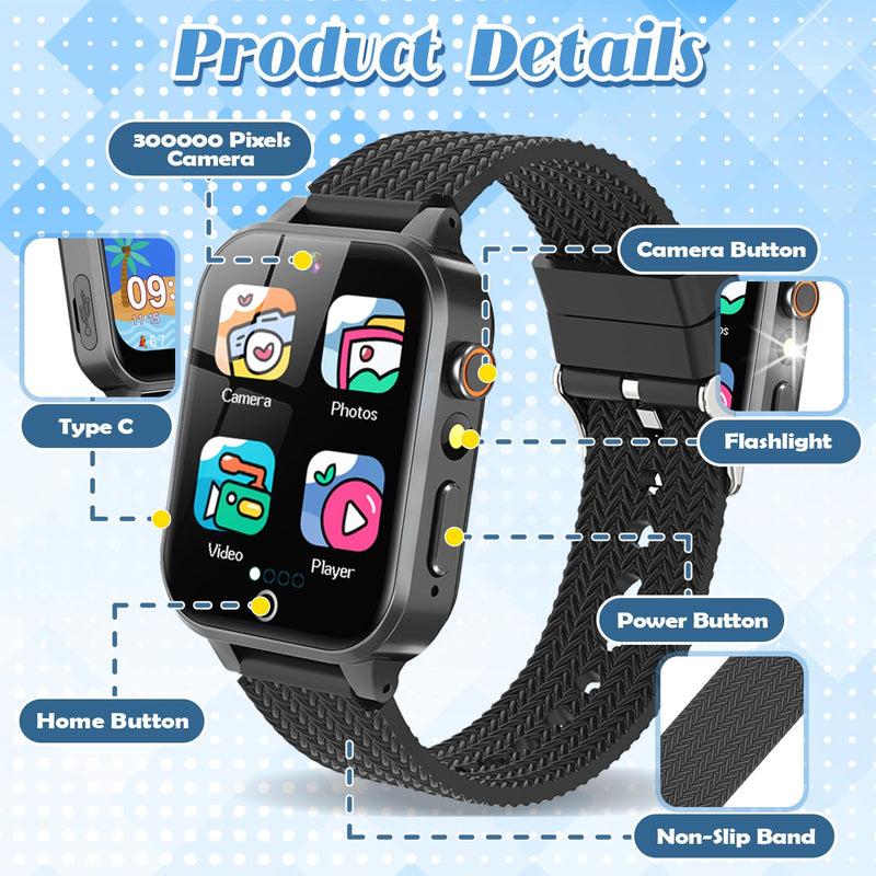 Tywop Smart Watch for Kids Girls Age 3-12 with 26 Puzzle Games HD Video Camera Touchscreen Music Player Learning Cards Storybook Pedometer Metal Case Kids Watch Toy Birthday Gifts Black - BeesActive Australia