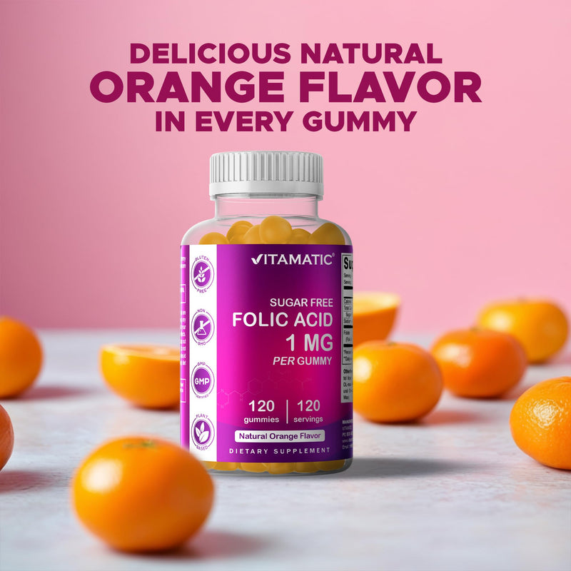 Vitamatic Sugar Free Folic Acid 1 mg Gummies 120 Count Orange Flavor-2 Pack | 1 mg Folic Acid, 1667 mcg DFE per gummy, Healthy cell growth, red blood cell formation, Gluten Free, Non GMO 60 Count (Pack of 2)