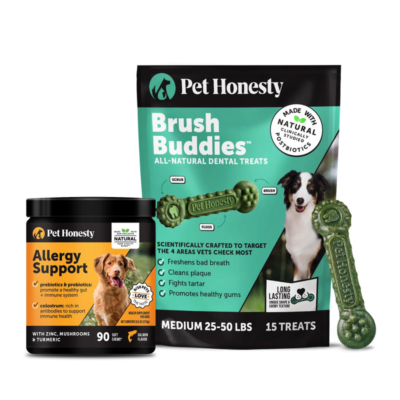 Pet Honesty Dog Wellness Virtual Bundle – Allergy Relief Immunity Chews (Salmon, 90 Ct) + Brush Buddies Dental Sticks for Medium Dogs (15 Ct) – Itch Support, Plaque & Breath Care
