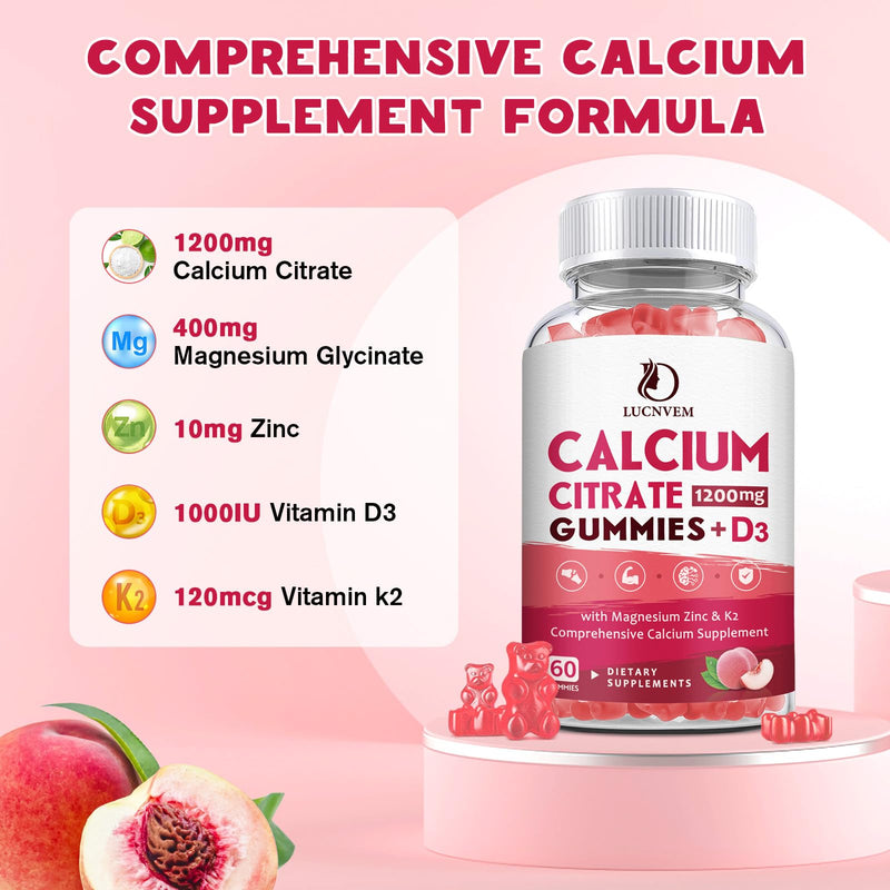Calcium Citrate 1200mg with Vitamin D3 Supplements Gummies for Women & Men, Calcium Gummies with Vitamin D3 K2, High Absorption for Bone Muscle Healthy- Peach Flavor- 90 Day Supply （3 Pack） 60 Count (Pack of 3)