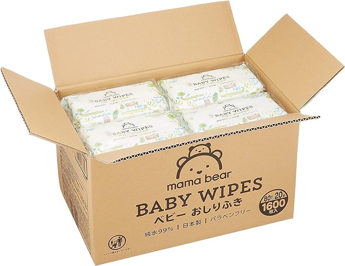 Mama Bear Baby Wipes, 99% Pure Water, 80 Sheets x 20 (1,600 sheets), Made in Japan, Paraben Free - BeesActive Australia