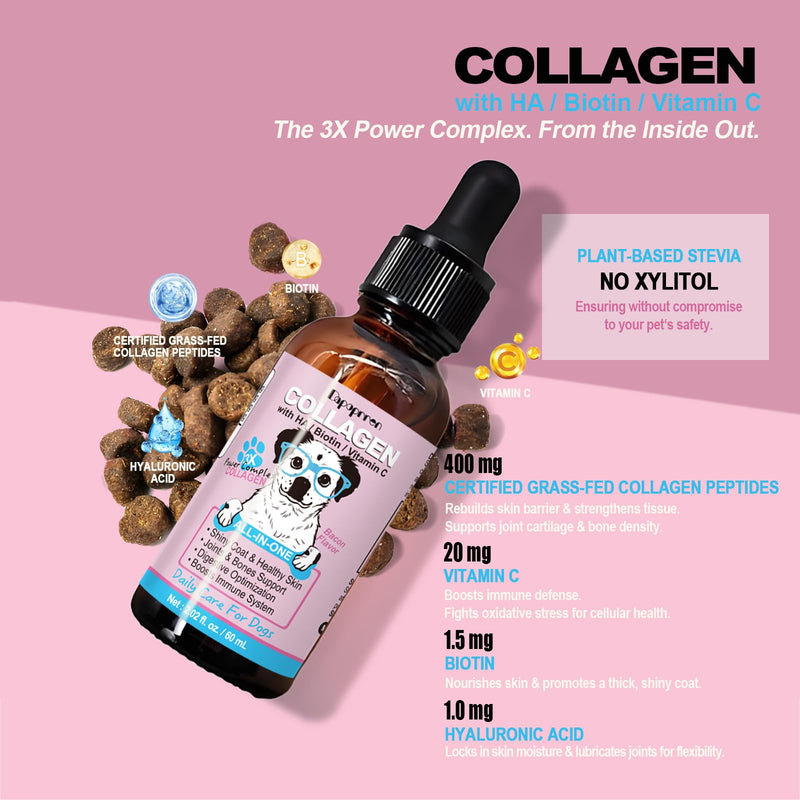 2PCS Collagen for Dogs,Daily Skin,Coat & Joint Support,Grass-Fed Peptides and Biotin,HA and Vitamin C|Bacon Flavour,60ml with Calibrated Dropper