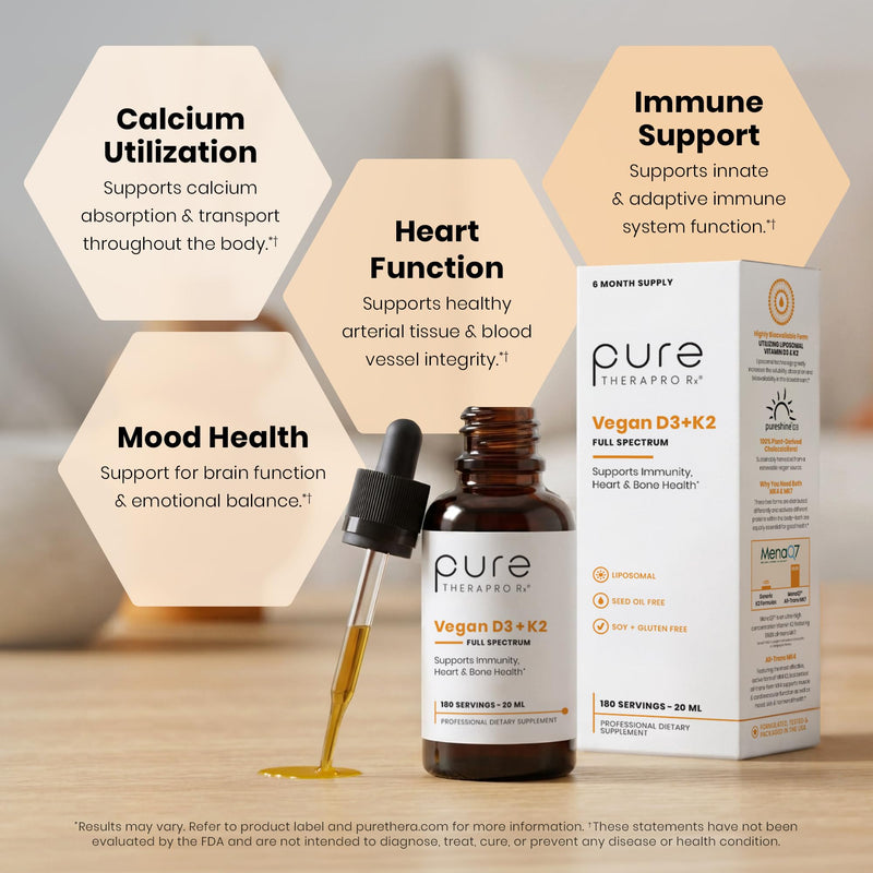 Pure Therapro Rx Vegan D3 + K2, Bone & Heart Health, 5000 IU, 180 Servings | 100% Organic Liposomal, Maximum Absorption, Includes MK4 & MK7 Vitamin K2, For Men & Women, Made in USA 0.68 Fl Oz (Pack of 1)
