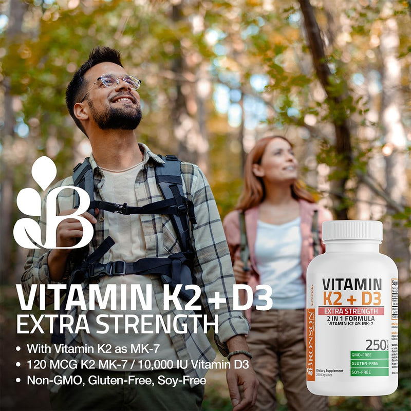 Bronson Vitamin K2 D3 (MK7) Extra Strength D3 & K2 Complex, 250 Capsules | Bone, Immune & Heart Health Support, Gluten Free, Soy Free, Non-GMO, Vitamin D3 10,000IU (250 mcg) & 120 mcg K2 MK-7 250 Count (Pack of 1)