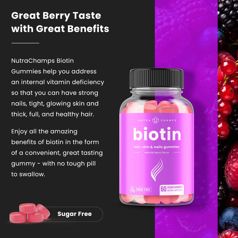NutraChamps Sugar Free Biotin Gummies 10000mcg [High Potency] - Healthy Hair, Skin & Nails for Women, Men & Kids - 5000mcg in Each Gummy - Vegan Hair Health Vitamins Supplement - Raspberry (2-Pack) 60 Count (Pack of 2)