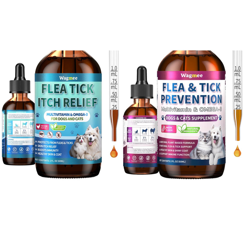Flea and Tick Prevention for Dog and Cat, Natural Oral Flea & Tick Itch Relief Support Drops with Multivitamin for Pets - Supports Healthy Skin & Coat - Oral Supplement for All Breeds & Ages