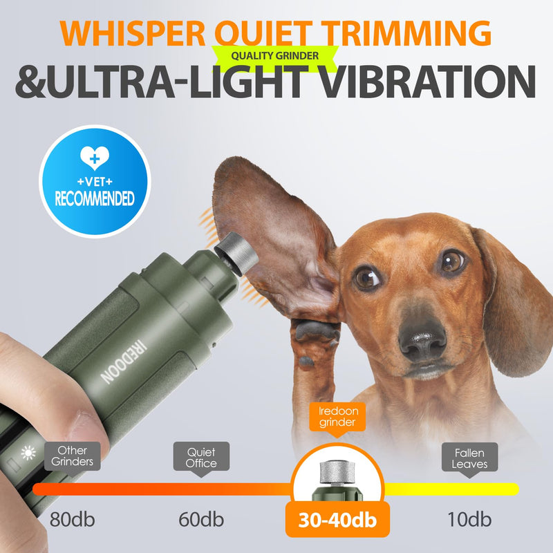 IREDOON Professional Claw Grinder for Dogs 3 Speed with 4 LED Lights - Latest Claw Grinder with Power Display for Pets, Super Quiet, Rechargeable for Large, Medium and Small Dogs Dark Green - BeesActive Australia