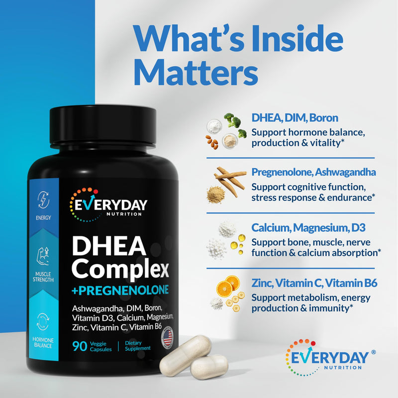 DHEA Micronized 200mg Complex with Pregnenolone 100mg Supplement for Men & Women with Ashwagandha, DIM, Magnesium, Boron, Calcium , Zinc, Vitamin D3, C and B6 Hormone Support - Made in USA 90 Capsules