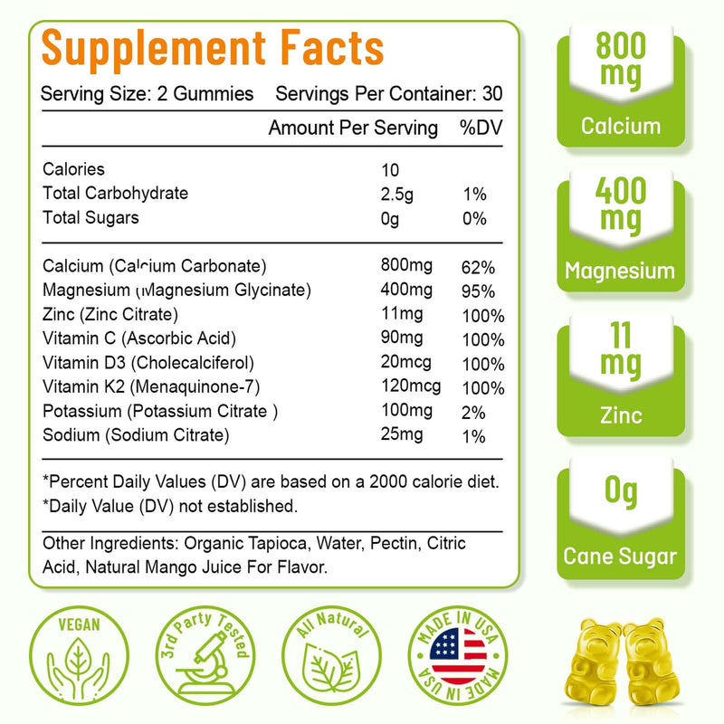 High Absorption Calcium Gummies, Calcium Magnesium Zinc with Magnesium Glycinate, Potassium, Vitamin D3 for Women & Men- Mango Flavor 120 Cts 60 Count (Pack of 2)