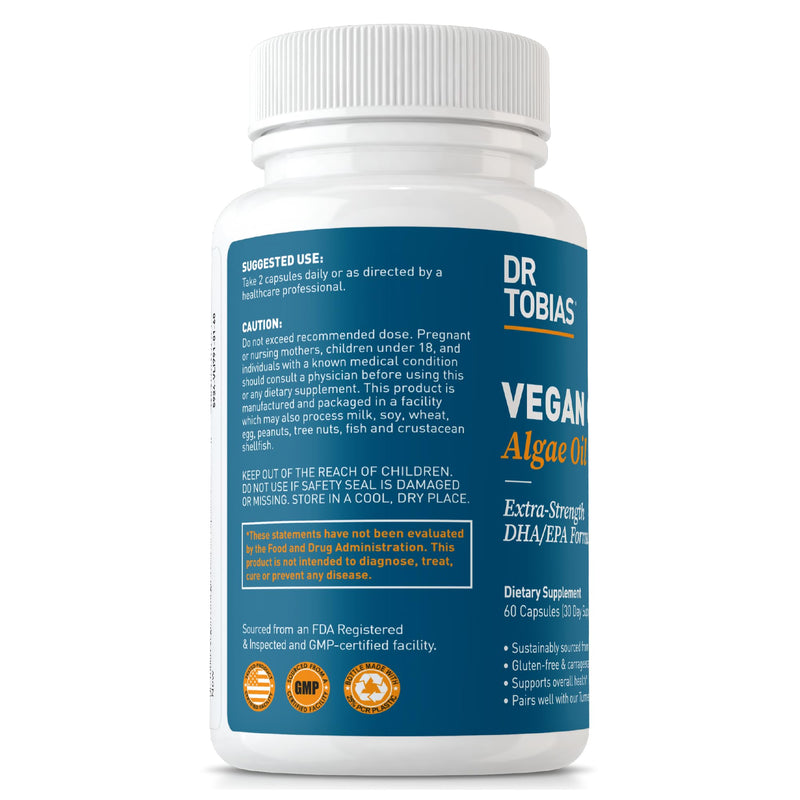 Dr. Tobias Vegan Omega 3 Supplement, 1400mg Algae Oil, 420mg DHA, and 210mg EPA per Serving, Non-GMO, Gluten-Free, Carrageenan-Free, 60 Capsules, 30 Servings (Pack of 2) 60 Count (Pack of 2)