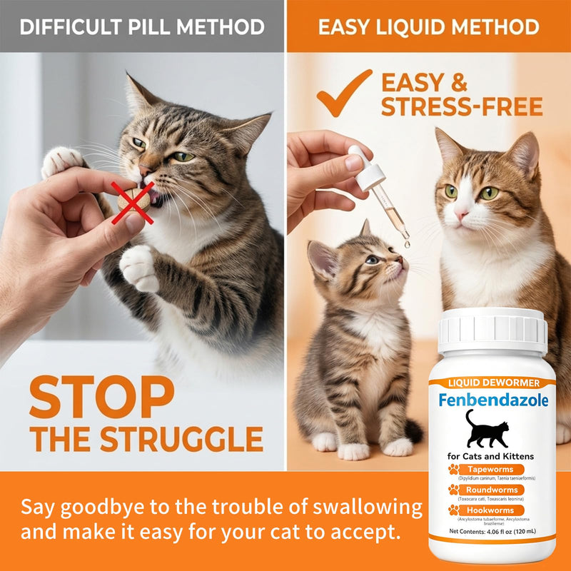 Cat Dewormer Liquid for Cats & Kittens, Fenbendazole Broad Spectrum for Tapeworms, Roundworms & Hookworms, Supports Intestinal Health, 120ml