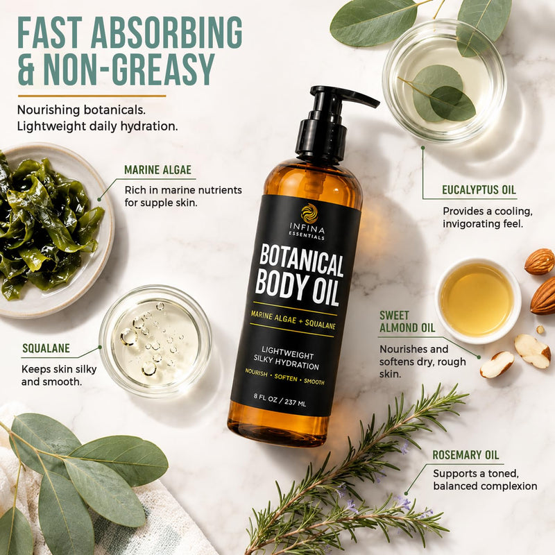 INFINA ESSENTIALS Botanical Body Oil for Dry Skin - 8 fl oz | After Shower, Lightweight Fast-Absorbing Daily Moisturizer with Marine Algae, Squalane & Vitamin E | Silky, Soft, Smooth Skin
