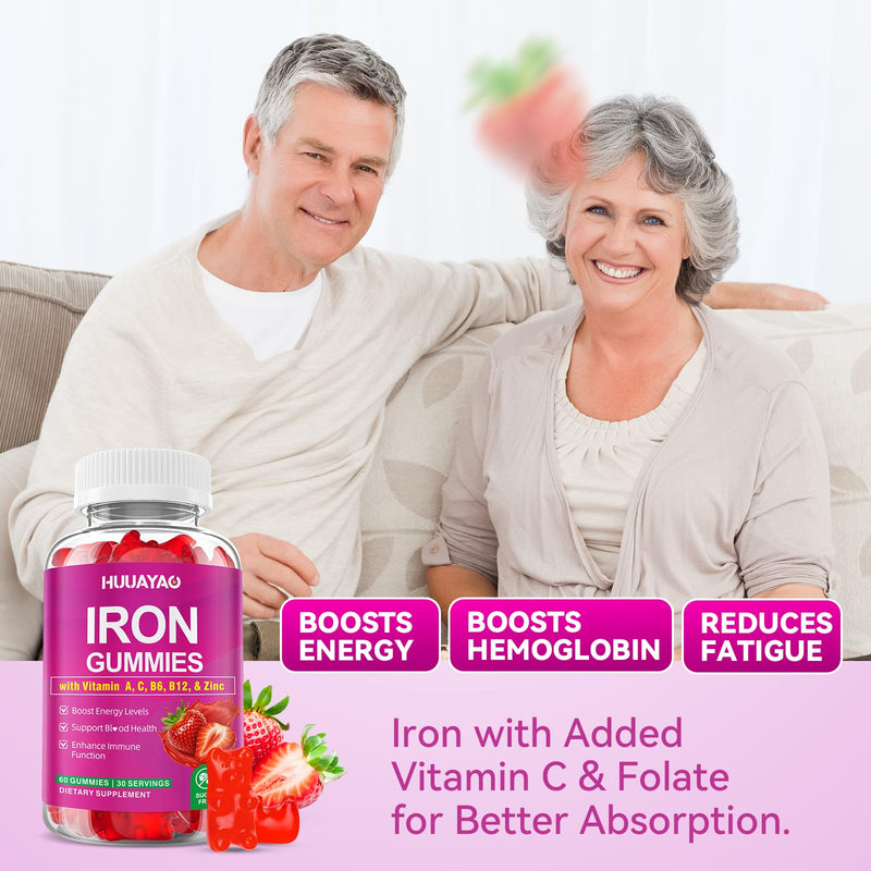 Iron Supplement Gummies for Women & Men, Vegan Iron Gummies with Vitamin C, A, B-Complex, Folate, Zinc for Blood Building & Energy Support, Strawberry Flavor, 120 Count 120 Count (Pack of 1)