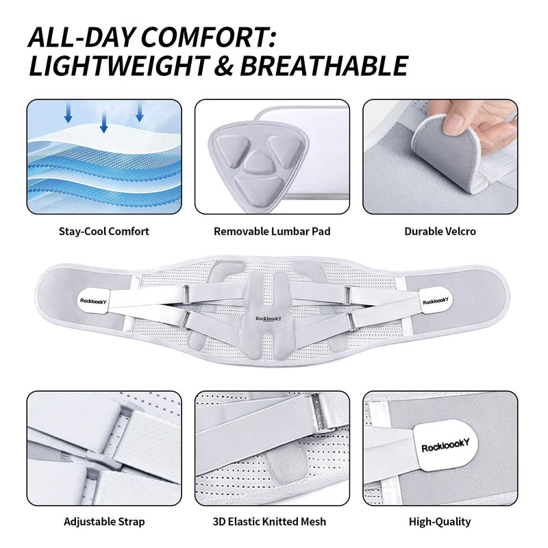 Lower Back Brace for Women Men, Adjustable Lumbar Support with Ergonomic Metal Stays for Work,Lifting,Drive,Fitness, Breathable Fabric Support Belt with 3D Pad, Grey,Size L,Waist 38"-45" Large(Waist 38"-45")
