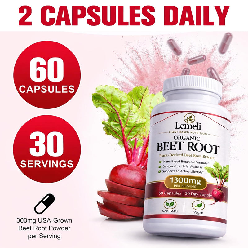 Beetroot 1300mg, Nitric Oxide Support Formula with Beet Root Extract, Vitamin C & Black Pepper, Plant-Based Daily Wellness Supplement, 60 Vegan Capsules 30 Count (Pack of 2)