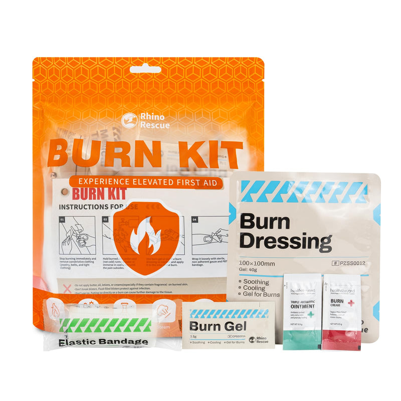 RHINO RESCUE Burn Kit, 4pcs Burn Dressings 4x4”, 8pcs Burn Gel Packets 3.5g, 4pcs Burn Pads, First Aid Kit Cooling Soothing Cream Relief with Bandage, Nitrile Gloves, Scissors, Tape - BeesActive Australia