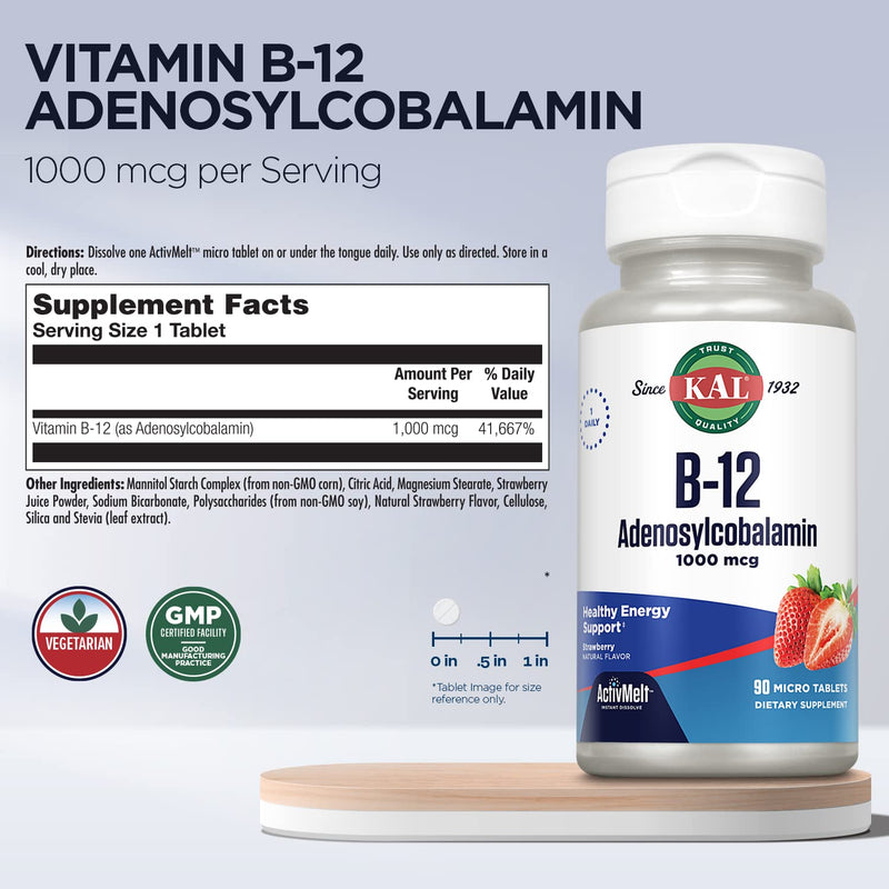 KAL Vitamin B12 Adenosylcobalamin 1000 mcg, 90 ActiveMelt Micro Tablets | B 12 Vitamin, Active B-12 1000mcg for Women & Men, Energy Support - Strawberry Flavor 90 Count (Pack of 1)